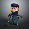 Stylized Game Character With Dark Armor Yellow Accents And Sharp Expression Holding Weapon 3d model