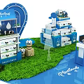 Commercial Retail Display Equipment With Blue Themed Booths Product Showcases And Pureland Branding