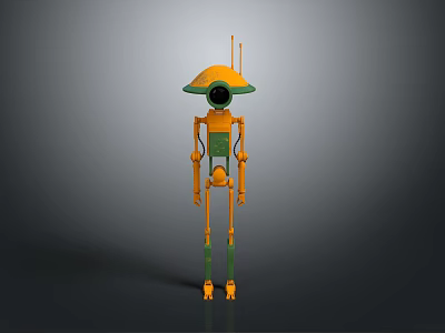 Yellow Green Robot Character With Dome Head Antenna And Long Limbs 3d model