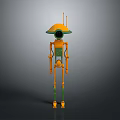Yellow Green Robot Character With Dome Head Antenna And Long Limbs