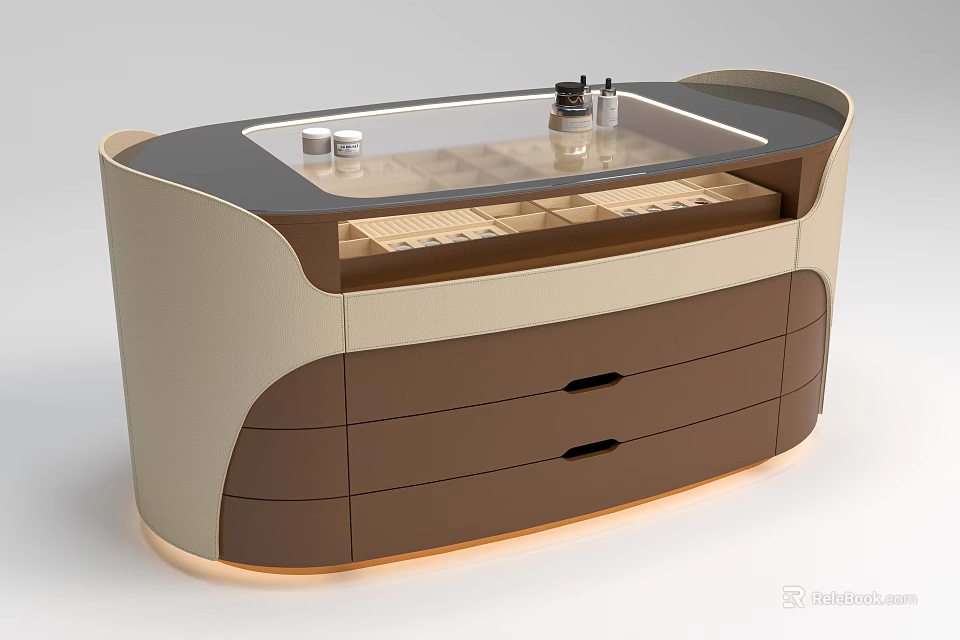 Modern Kitchen Island Cabinet With Beige Brown Design Glass Top And Drawers 3d model 