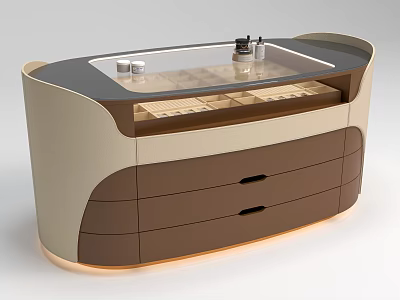 Modern Kitchen Island Cabinet With Beige Brown Design Glass Top And Drawers 3d model