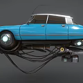The Blue Floating Car with White Roof Brown Seats and Glowing Wheels