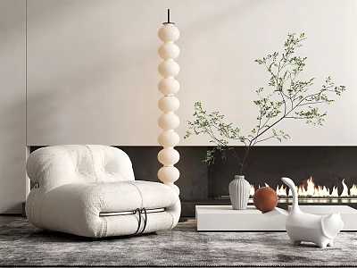 Modern White Single Sofa Interior With Spherical Pendant Light Green Plant Fireplace And Rug 3d model