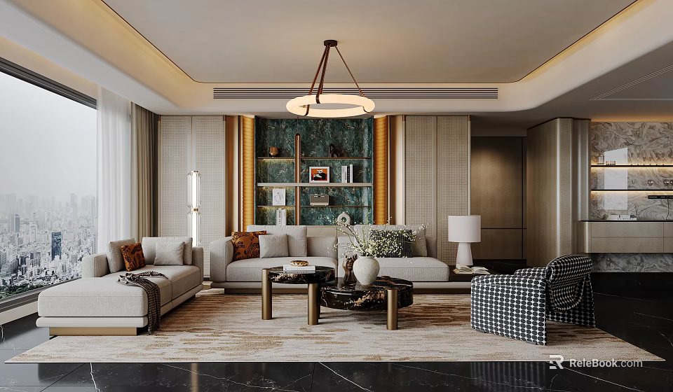 Modern Living Room Interior With Beige Sofa Patterned Rug Round Chandelier Bookshelf Decor Accent Pillows 3d model 