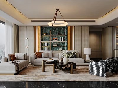 Modern Living Room Interior With Beige Sofa Patterned Rug Round Chandelier Bookshelf Decor Accent Pillows 3d model