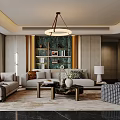 Modern Living Room Interior With Beige Sofa Patterned Rug Round Chandelier Bookshelf Decor Accent Pillows