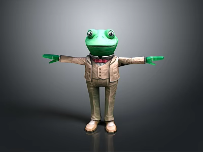 Green Frog Wearing Beige Suit With Red Bow Tie And Outstretched Arms On Gray Background 3d model