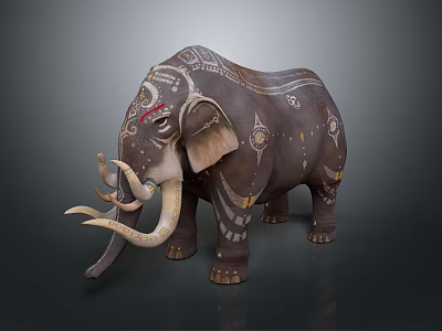 Artistic Decorated Elephant Statue With Intricate Patterns And Long Tusks 3d model