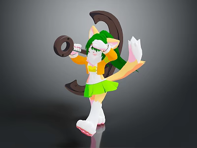 Game And Movie Character With Green Hair Yellow Tail Green Skirt Holding Circular Object 3d model