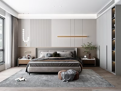 Modern Bedroom Interior Design With Bedside Tables Wardrobe Area Rug Curtains And Decorative Lights 3d model