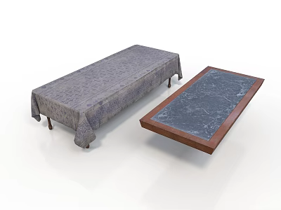Two Stylish Furniture Tables With Gray Tablecloth Cover And Blue Marble Top Wooden Frame 3d model
