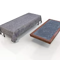 Two Stylish Furniture Tables With Gray Tablecloth Cover And Blue Marble Top Wooden Frame