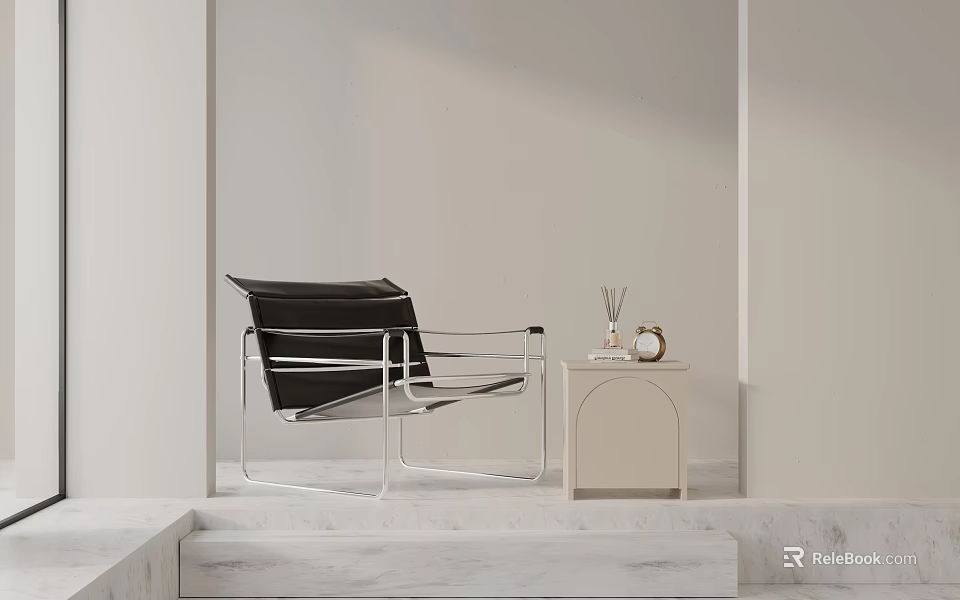 Modern Black Leisure Chair With Metal Frame And Side Table On Marble Steps 3d model 