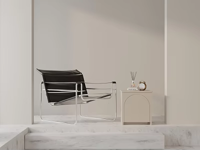 Modern Black Leisure Chair With Metal Frame And Side Table On Marble Steps 3d model