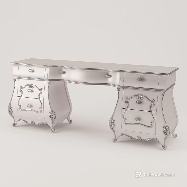 Elegant Silver Classical Dressing Table With Intricate Carved Details And Drawers 3d model