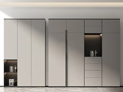 Modern Gray Wardrobe With Sleek Cabinets Drawers And Open Shelves Design 3d model