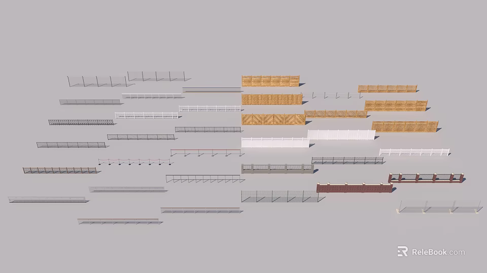 Various Fence Styles Featuring Metal And Wooden Materials For Outdoor Spaces 3d model 