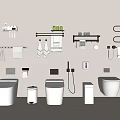 Modern Minimalist Bathroom Set With Wall Mounted Toilets Towel Racks Shelves And Storage Units