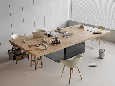 Wooden Long Office Desk With White Chairs Stationery And Workspace Setup In White Walls Room 3d model