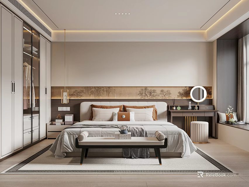 Modern Bedroom Interior Design With Upholstered Headboard White Wardrobe And Area Rug 3d model 