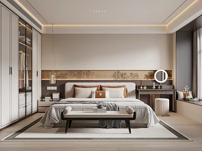 Modern Bedroom Interior Design With Upholstered Headboard White Wardrobe And Area Rug 3d model