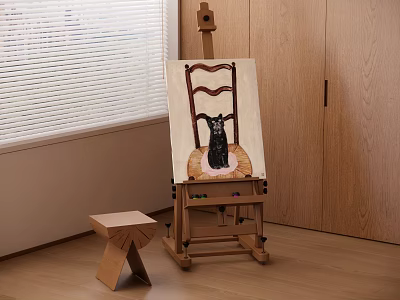 Violin and Art Supplies with Easel Canvas Black Cat Painting Wooden Cabinets Window Blinds 3d model