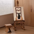 Violin and Art Supplies with Easel Canvas Black Cat Painting Wooden Cabinets Window Blinds