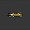 Yellow Car with Open Doors and Hood and Another Side Rear View with Reflection