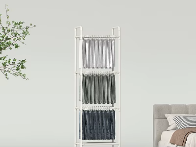 Sturdy White Multi Layer Clothing Rack with Pants in Gray and Dark Shades 3d model