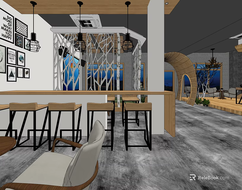 Modern Tea Room Interior Design With Wooden Counter Bar Stools Hanging Lights And Wall Art 3d model 