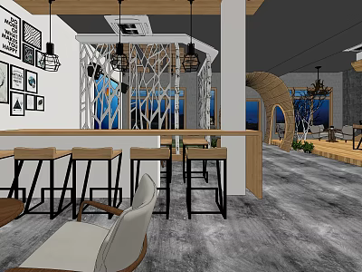 Modern Tea Room Interior Design With Wooden Counter Bar Stools Hanging Lights And Wall Art 3d model