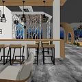 Modern Tea Room Interior Design With Wooden Counter Bar Stools Hanging Lights And Wall Art