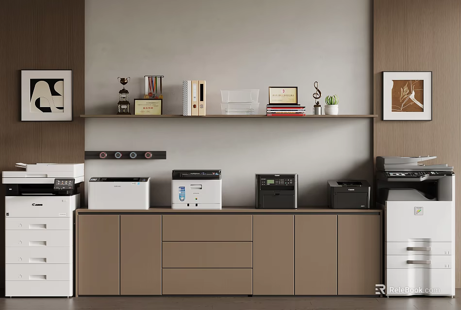 Modern Office Workspace With Multiple Printers Cabinets And Shelf Decorative Items 3d model 