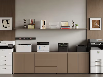 Modern Office Workspace With Multiple Printers Cabinets And Shelf Decorative Items 3d model