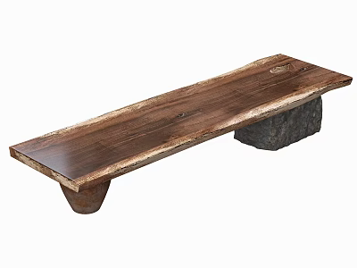 Natural Solid Wood Bench With Rustic Stone Legs And Smooth Surface Design 3d model