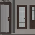 Dark Brown Wooden Swing Doors With Striped And Paneled Glass Designs