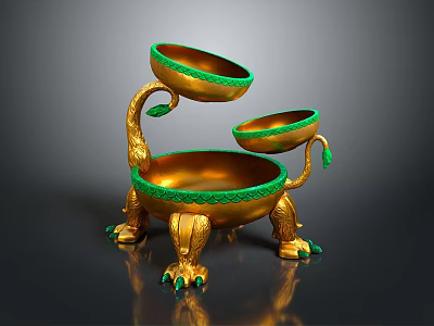 Intricate Golden Sculpture Carving With Three Bowl Shaped Structures And Dragon Claw Supports 3d model