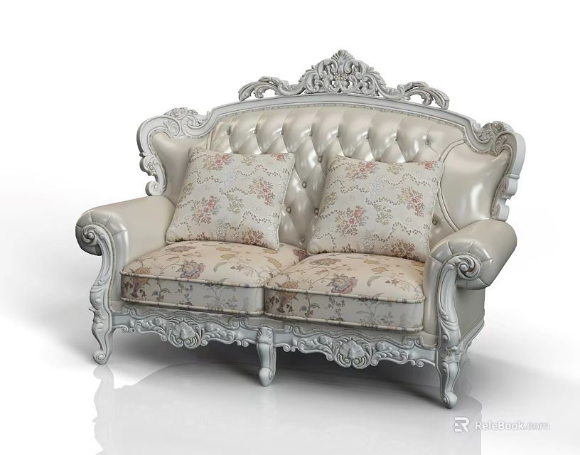 Classic Ornate Double Sofa With Intricately Carved Armrests Floral Patterned Cushions 3d model 