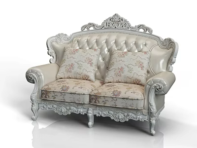 Classic Ornate Double Sofa With Intricately Carved Armrests Floral Patterned Cushions 3d model