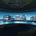 Modern Cinema Interior With Circular Design Sofa Seats Ceiling Lights And City Night View