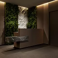 Modern Clubhouse Interior With Wooden Shelves Stone Wall Pebble Path And Green Plants