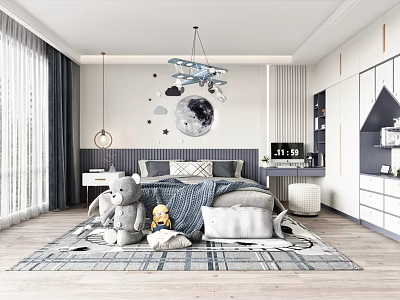 Kids Room Interior With Plush Toys Moon Cloud Wall Decor And Airplane Chandelier 3d model
