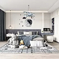 Kids Room Interior With Plush Toys Moon Cloud Wall Decor And Airplane Chandelier