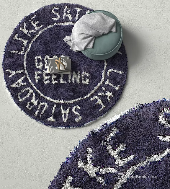 Navy Blue Round Rug with Embroidered Letters Green Cushion and Magazine for Home Interior 3d model 