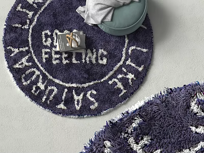 Navy Blue Round Rug with Embroidered Letters Green Cushion and Magazine for Home Interior 3d model