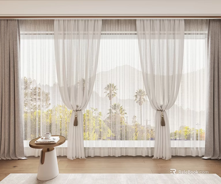 Gray Curtains With White Sheer Panels Window View Of Palm Trees Wooden Floor Table 3d model 