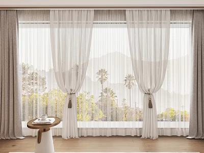 Gray Curtains With White Sheer Panels Window View Of Palm Trees Wooden Floor Table 3d model