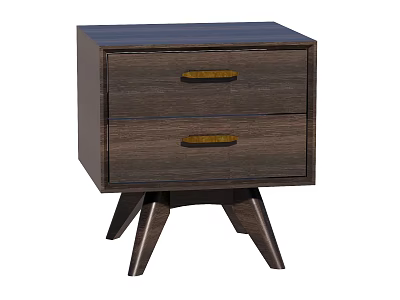Stylish Dark Wood Bedside Table With Two Drawers Golden Handles And Three Legs 3d model