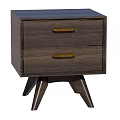 Stylish Dark Wood Bedside Table With Two Drawers Golden Handles And Three Legs